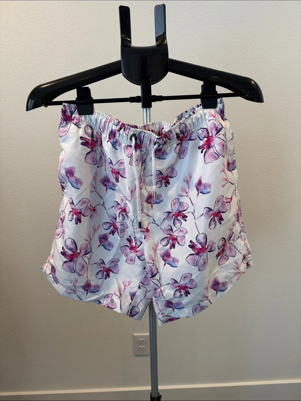 Floral Drawstring Shorts - White with Pink & Purple